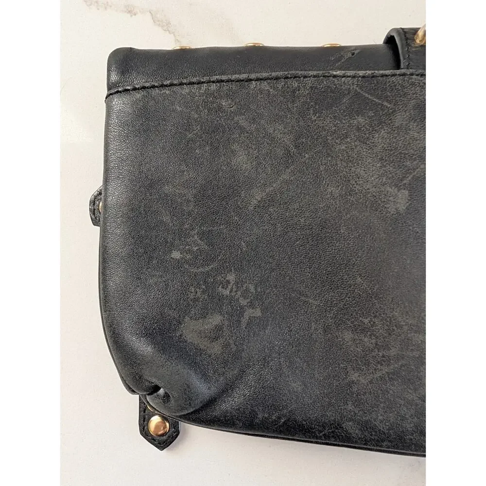 Besso Black Leather Clutch Gold Studded Buckle Fold Over Bag 10.5x6 Grunge...